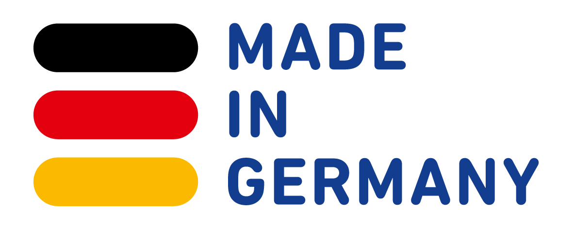 Logo Made in Germany in blauer Schrift.
